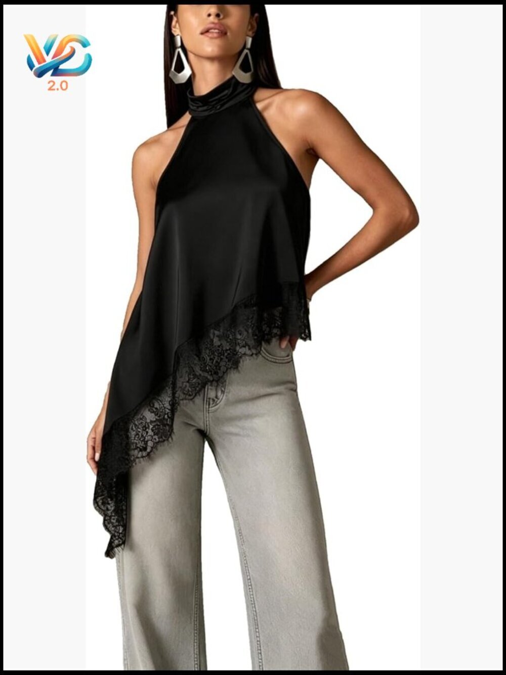 Satin Halter Top Y2K Mock Neck Lace Trim Asymmetrical Hem Crop Tops